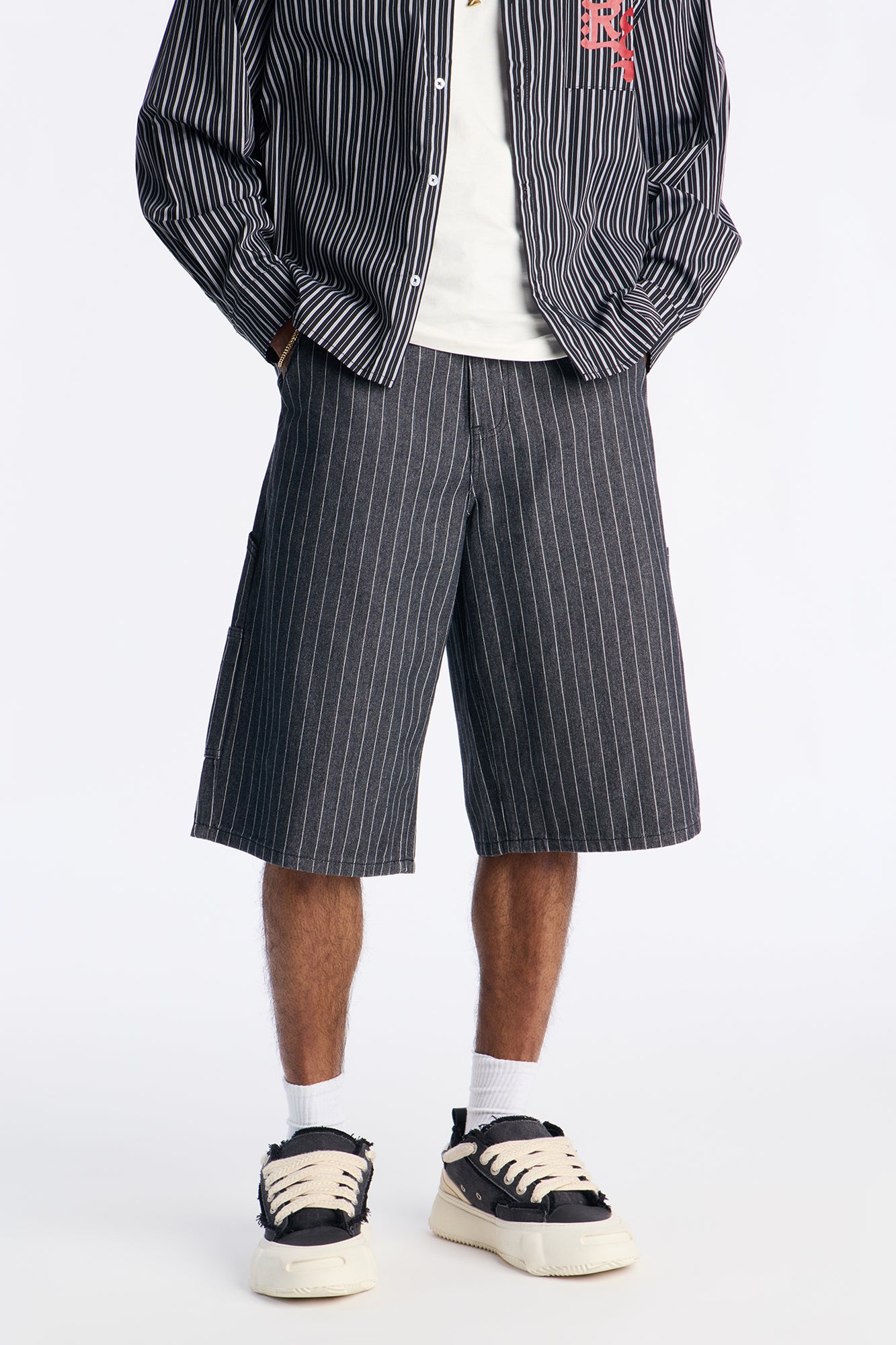 Baggy Ghost Pinstripe Denim Shorts Grey - Men's Casual Summer Short