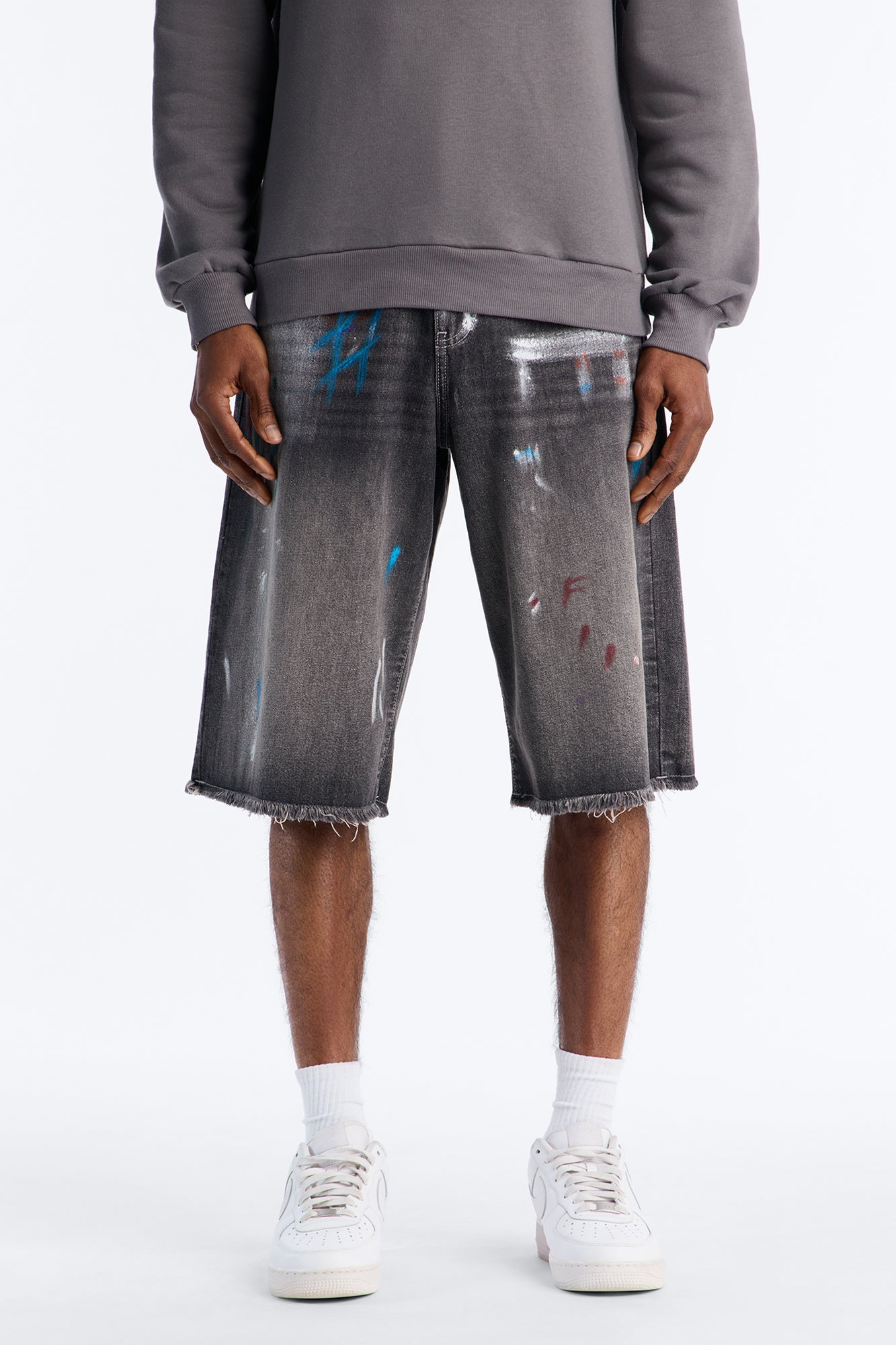 Baggy Vandal Drip Denim Shorts - Black Wash