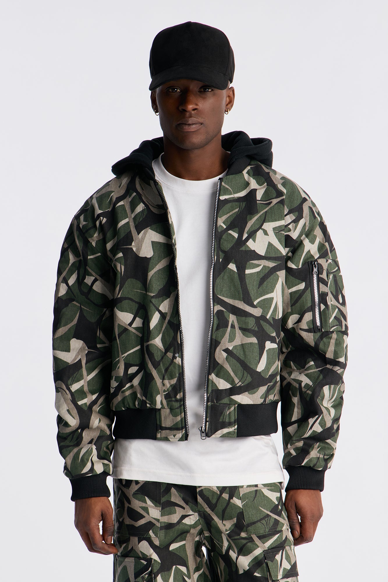 Hooded Edge Abstract Camo Bomber Jacket in Camouflage Pattern