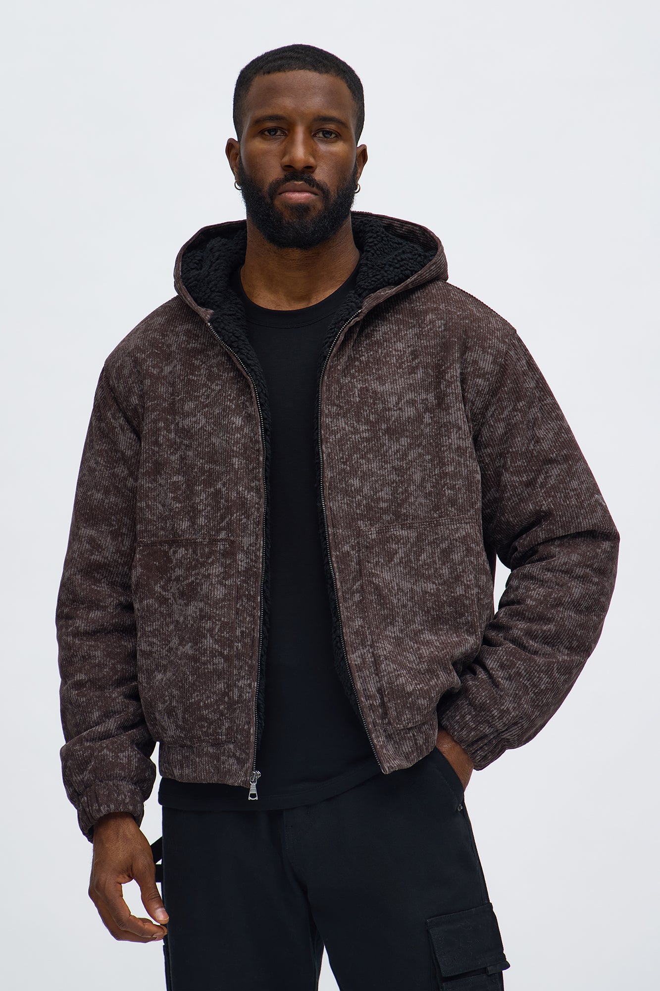 Oversized Corduroy Hooded Bomber Jacket in Brown