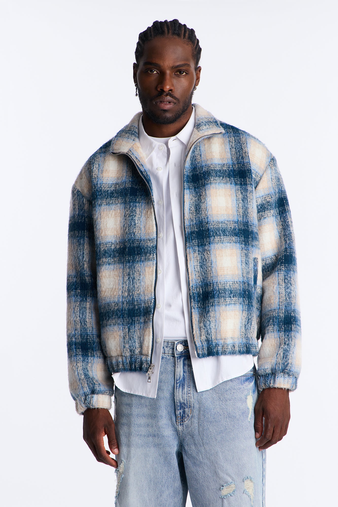 Relaxed Blue Faux Wool Plaid Cozy Bomber Jacket