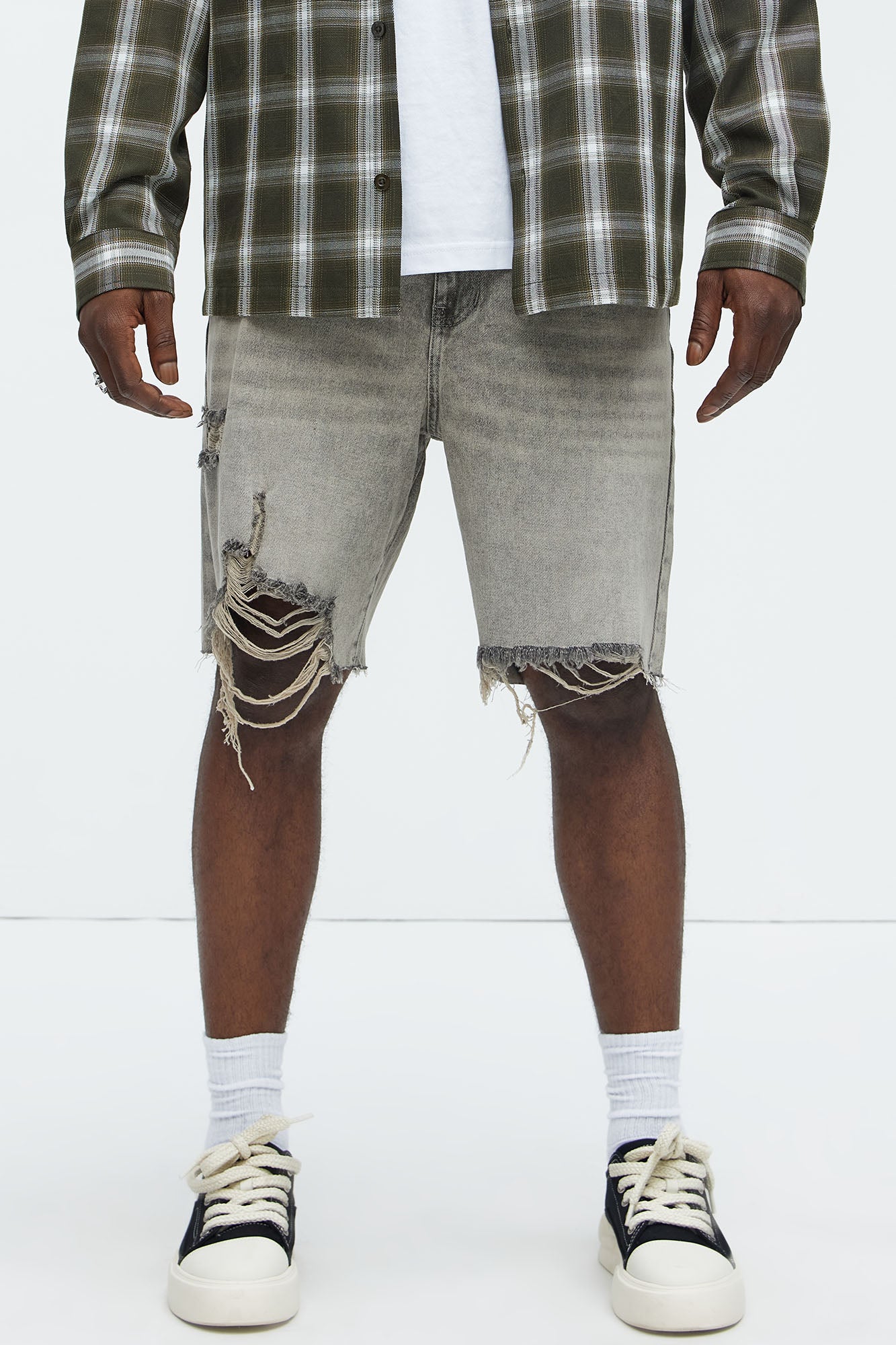 Relaxed Raw Hem Distressed Denim Shorts Grey Smoke