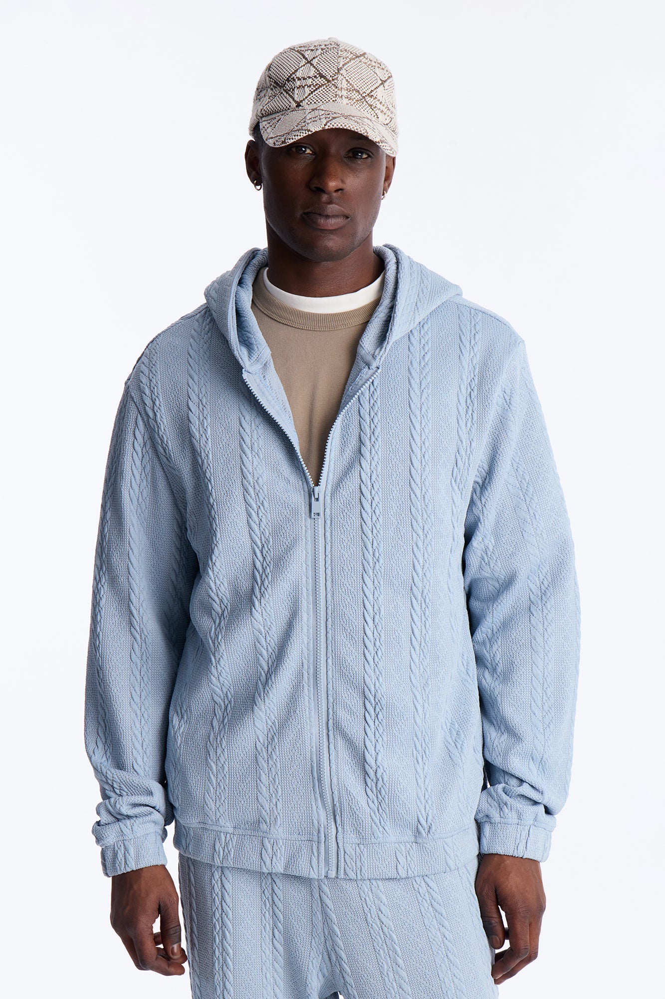 Textured Cozy Braided Hooded Jacket in Blue