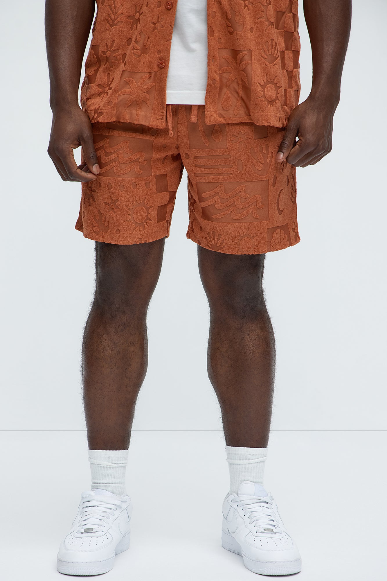 Tropical Terry Fabric Relaxed Shorts - Rust