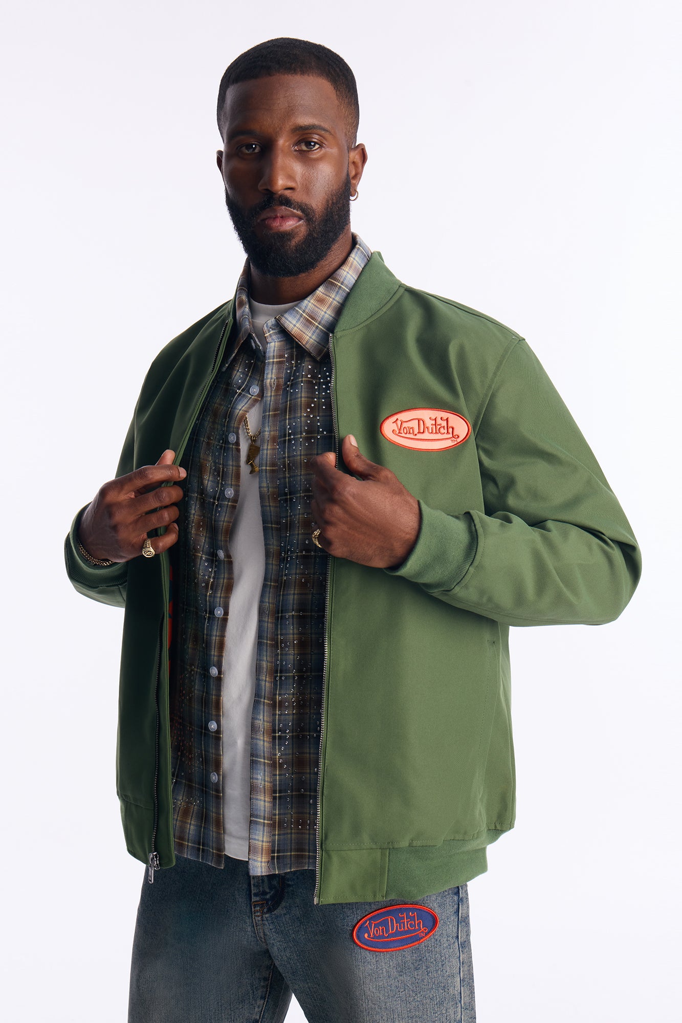 Von Dutch Iconic Patch Bomber Jacket Olive Green Mens